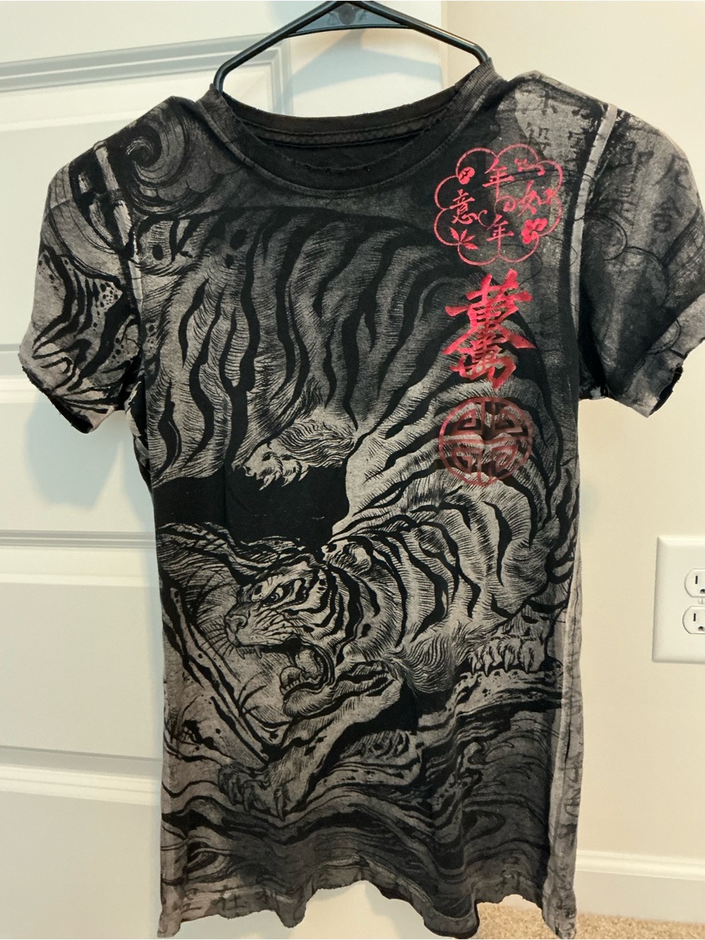 Sinful Black & Gray Tiger Graphic Short Sleeve Tee with Red Accents